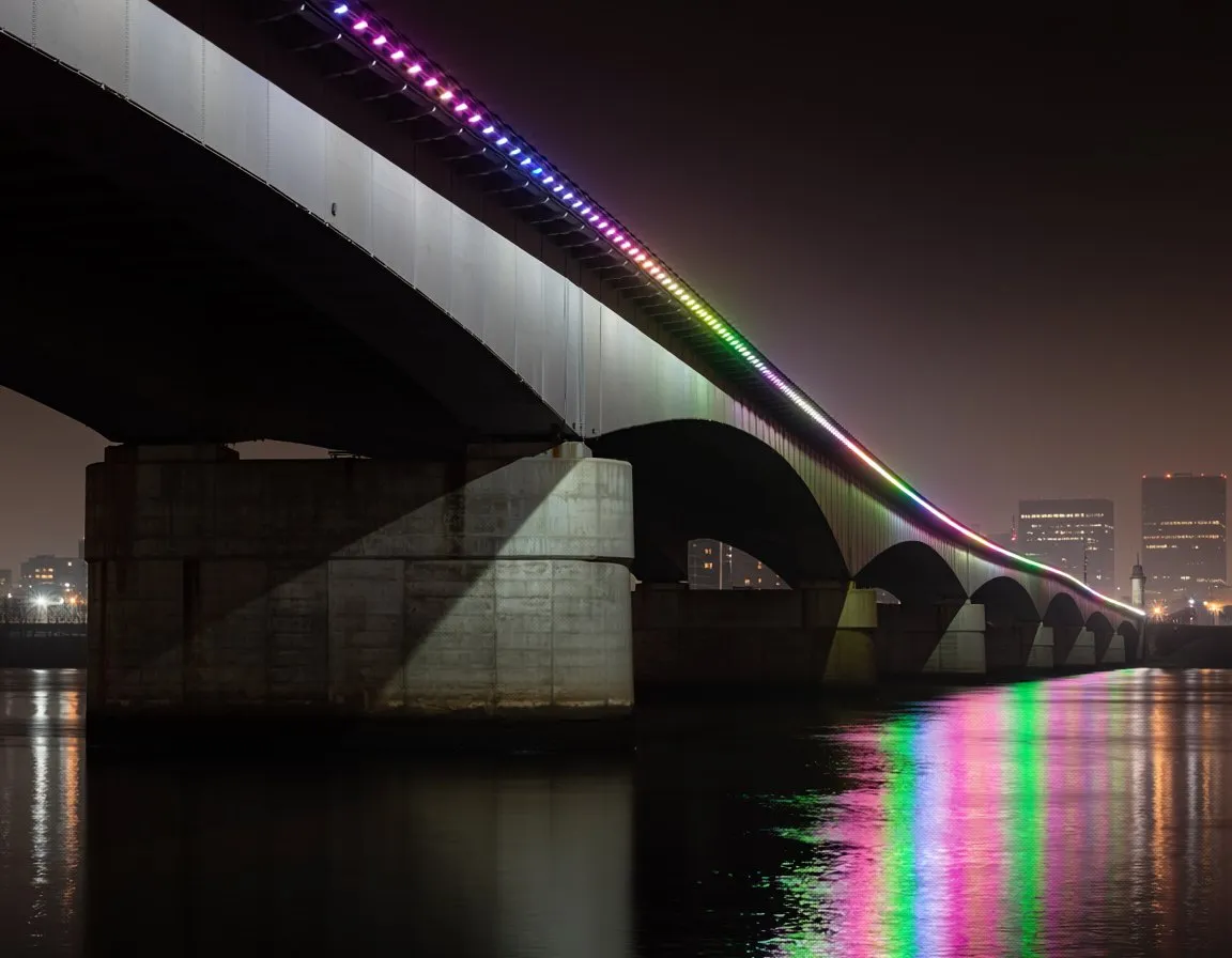 Sundale Bridge over the Nerang River at night, its light necklace reflected in black water