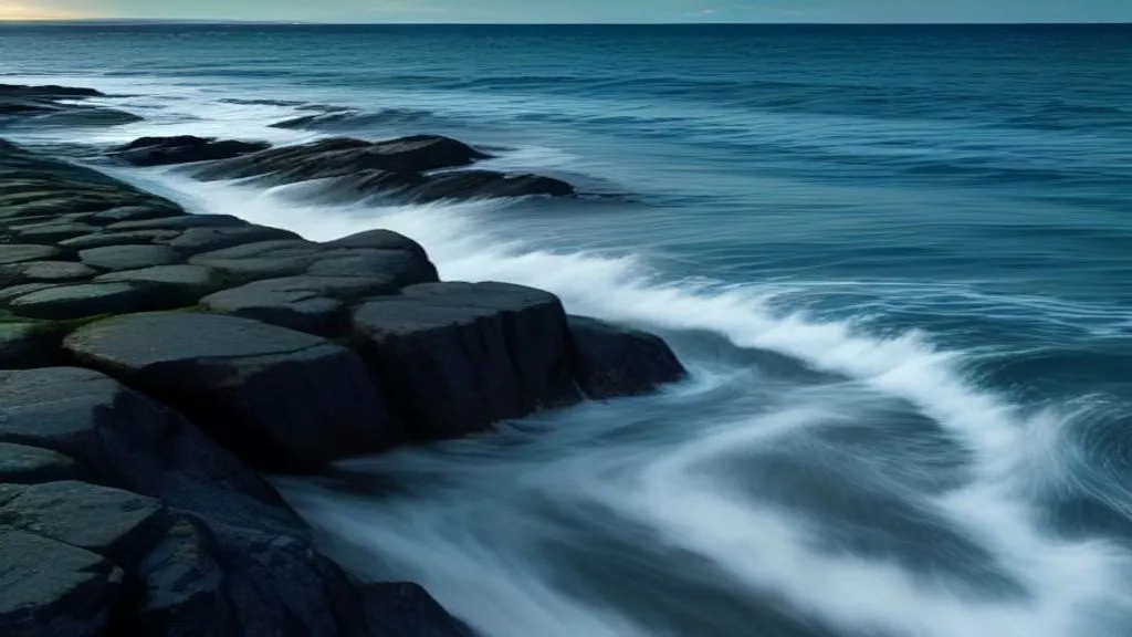 a rock training wall beside a tidal channel at dusk