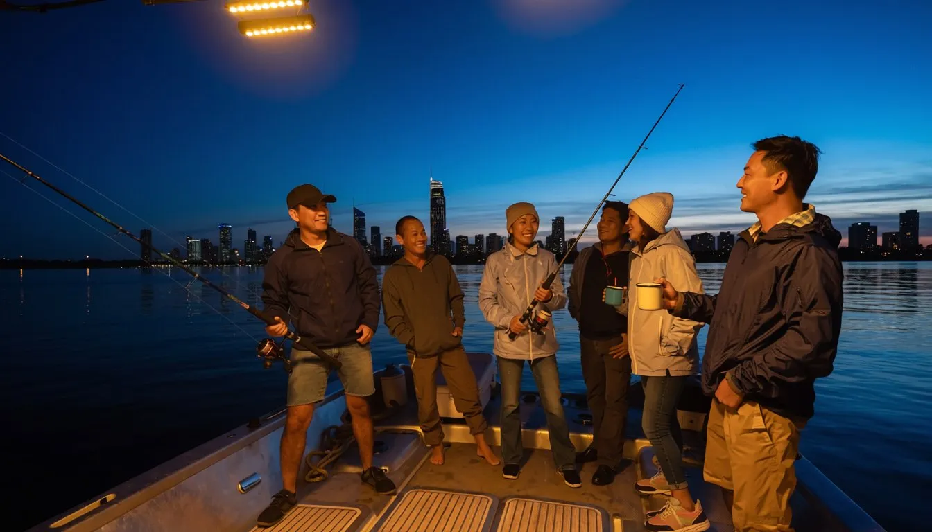a group fishing from the deck of a small boat on the Broadwater at blue hour, city lights on the horizon